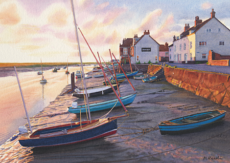 A watercolour painting of Wells Quay at the first light of the day by Margaret Heath RSMA.